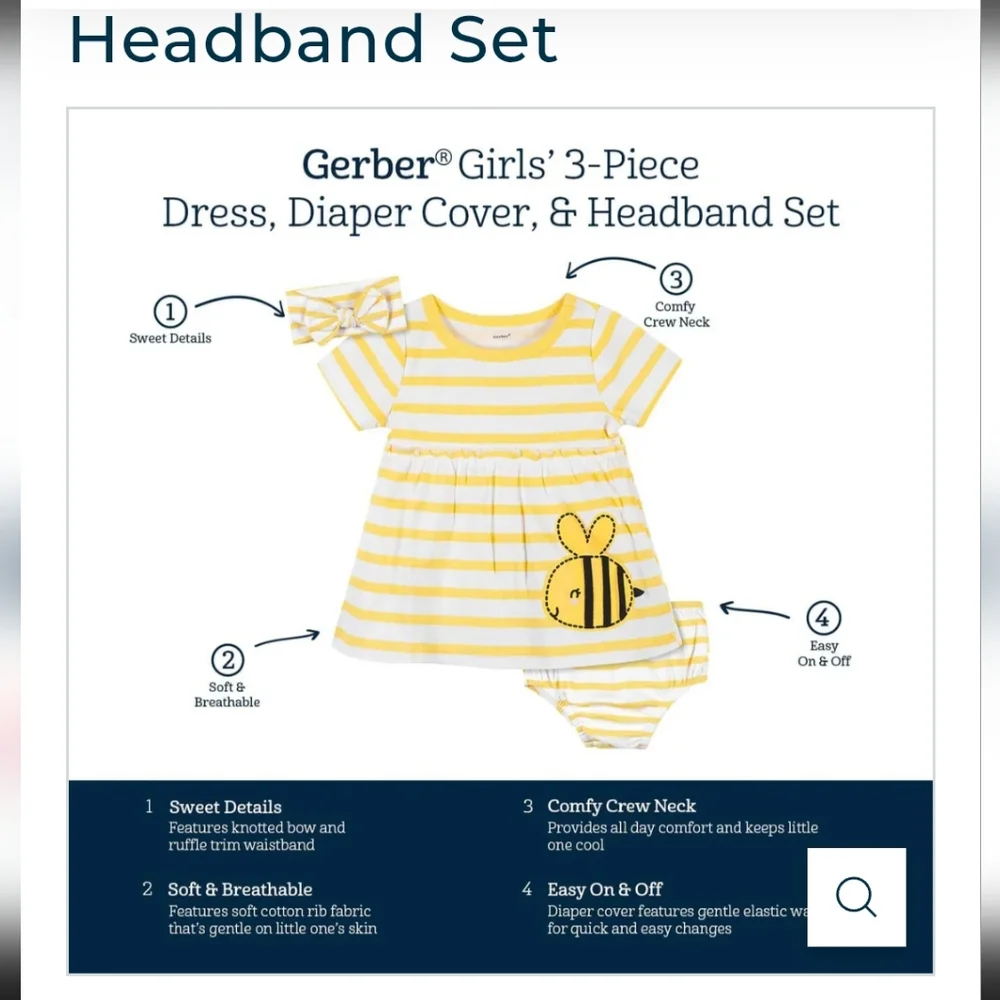 3-Piece Baby & Toddler Girls Bee Garden Dress, Diaper Cover & Headband Set 12 Mo - Picture 13 of 14